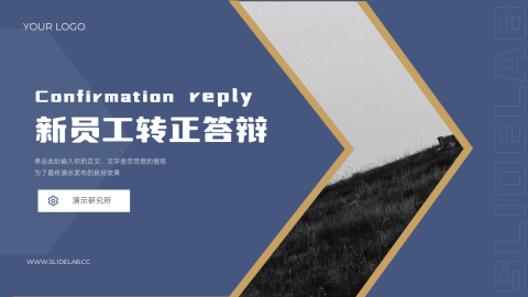 蓝金沉稳几何新员工转正答辩PPT模板