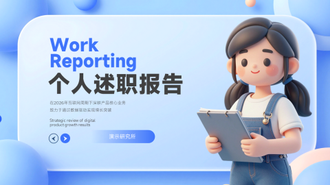 蓝色清新3D卡通人物个人述职报告PPT模板