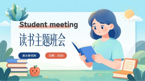 蓝绿清新插画风读书主题班会展示PPT模板