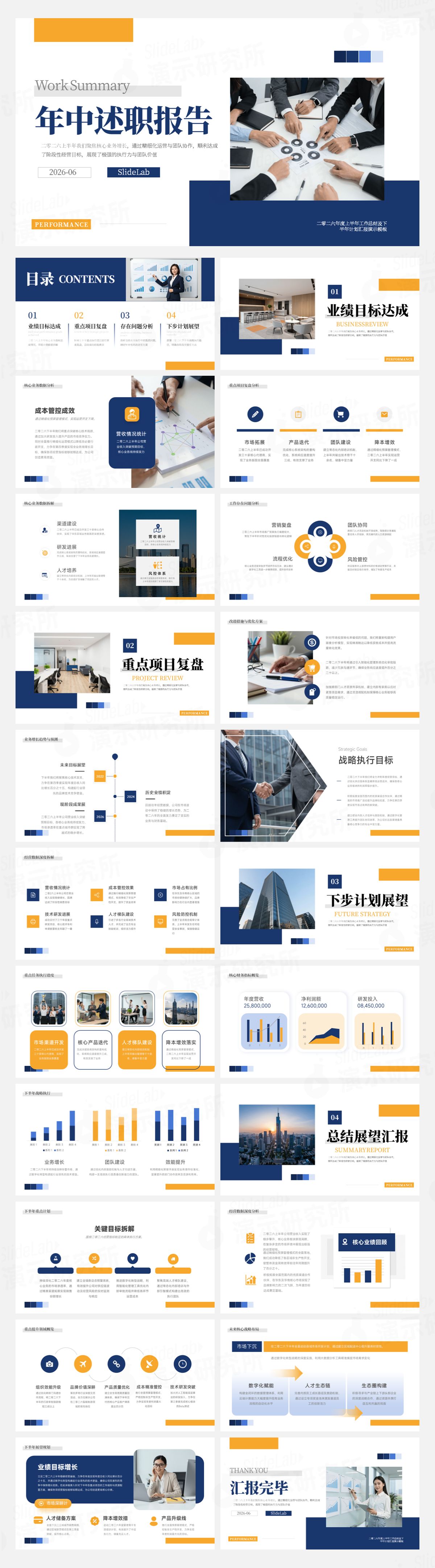 蓝橙配色简约商务年中述职汇报PPT模板