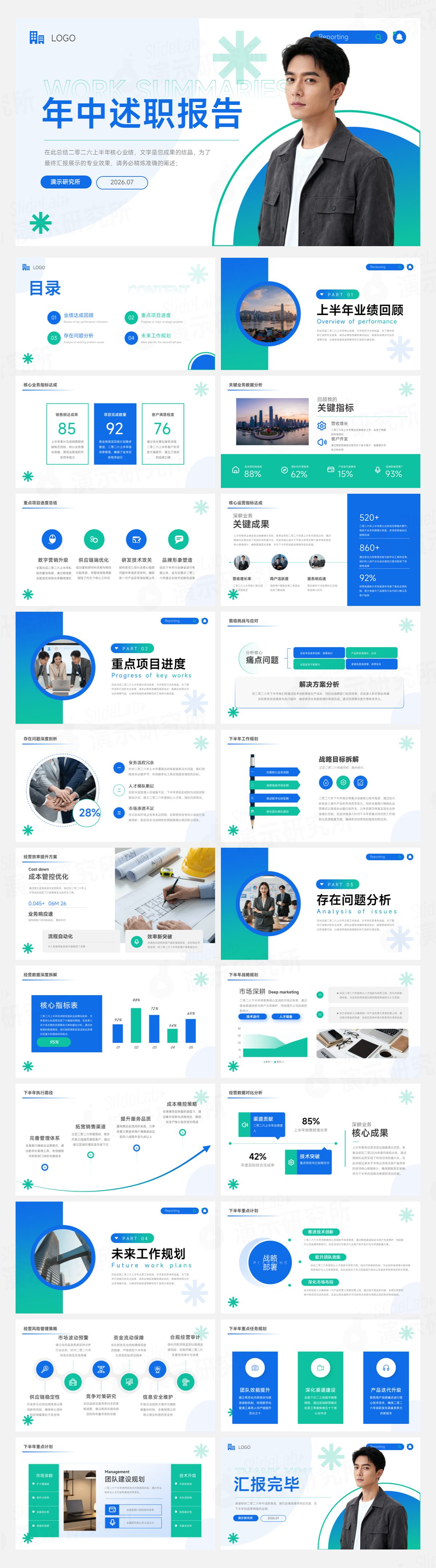 蓝绿清新人物商务年中述职汇报PPT模板