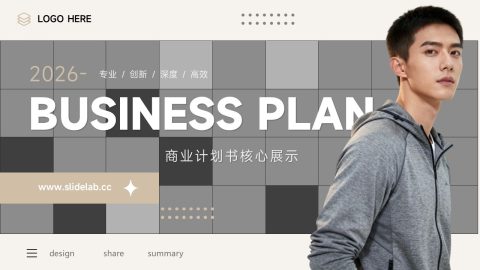 灰黑色网格商务商业计划PPT模板
