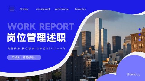 蓝紫波浪商务岗位管理述职汇报PPT模板