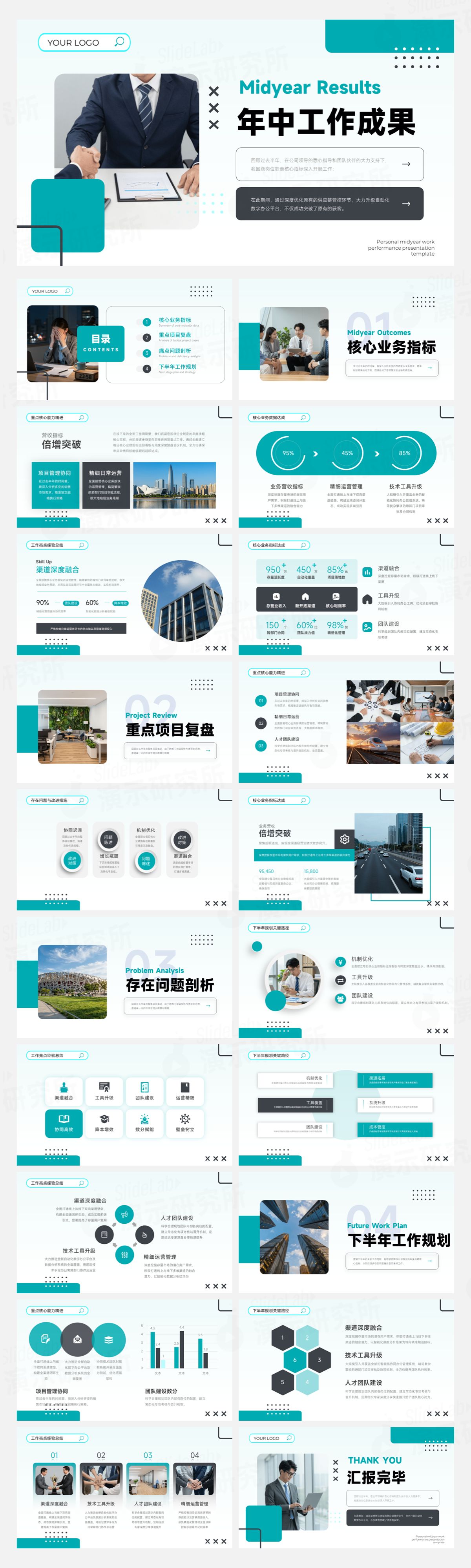 青蓝极简商务风年中工作成果汇报PPT模板
