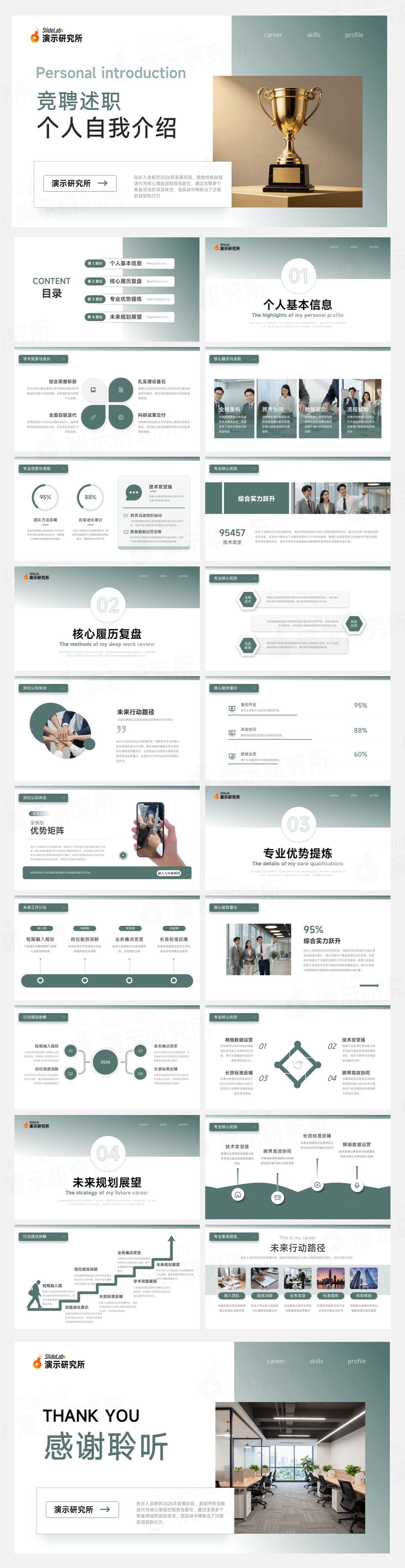 青绿简约商务竞聘述职自我介绍PPT模板