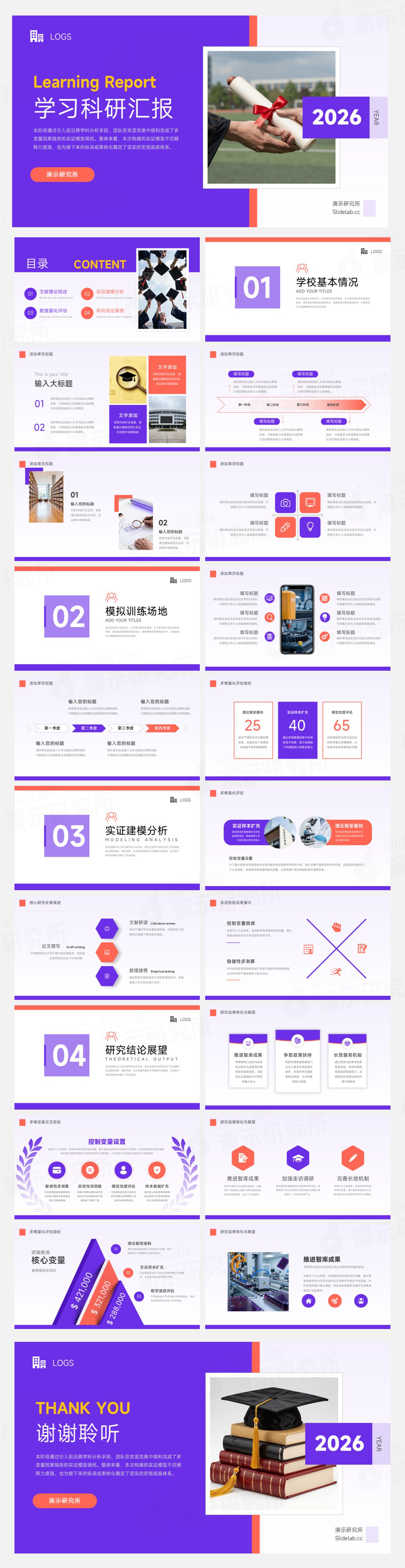 紫色撞色校园学习科研汇报PPT模板