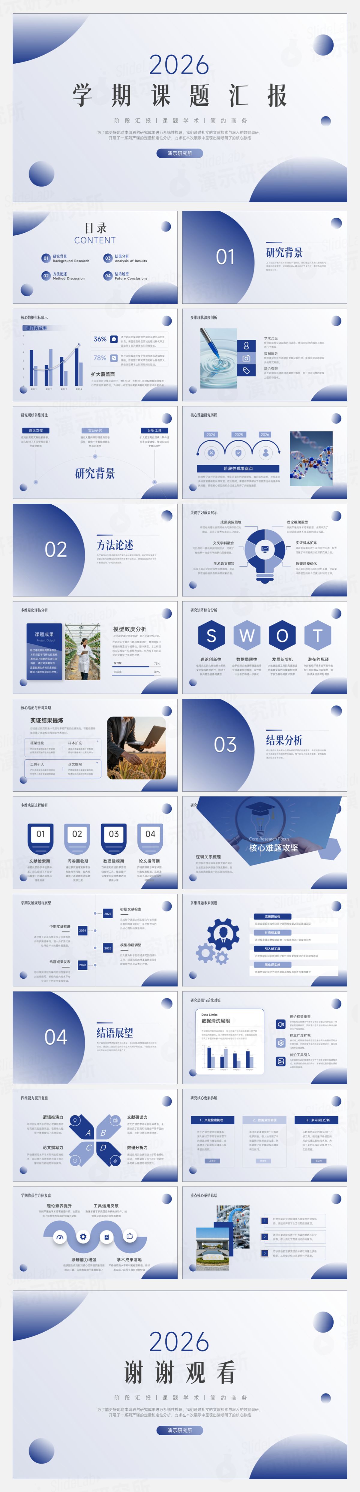 蓝白渐变极简学期课题汇报PPT模板