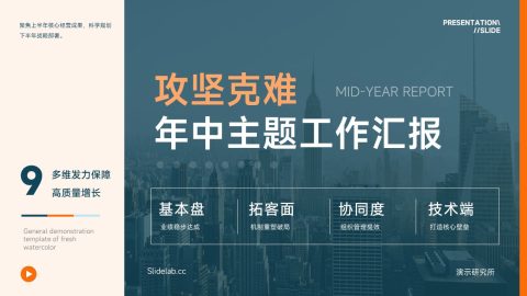 青蓝橙撞色都市商务年中主题工作汇报PPT模板