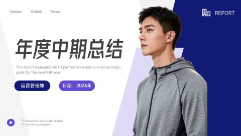 蓝紫商务极简人物风年度中期总结汇报PPT模板
