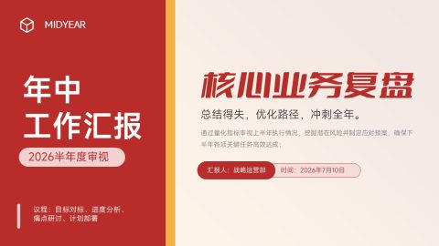红色商务稳重风企业年中工作汇报复盘PPT模板