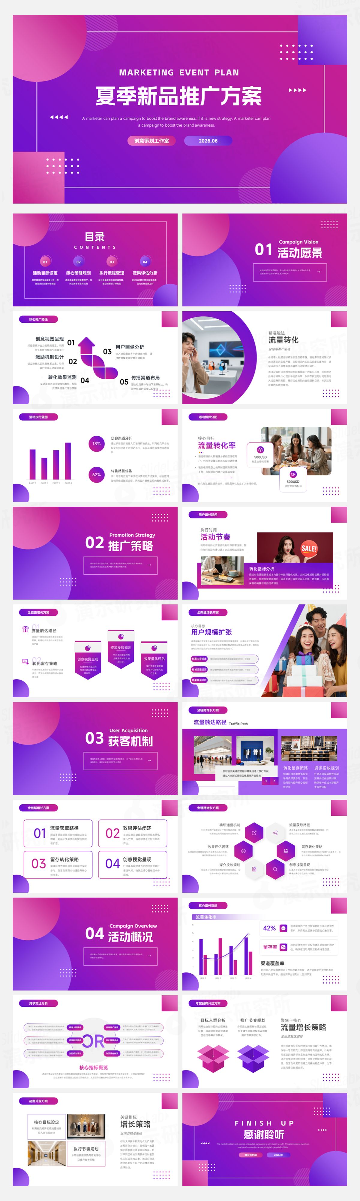 紫粉渐变潮流新品推广方案PPT模板