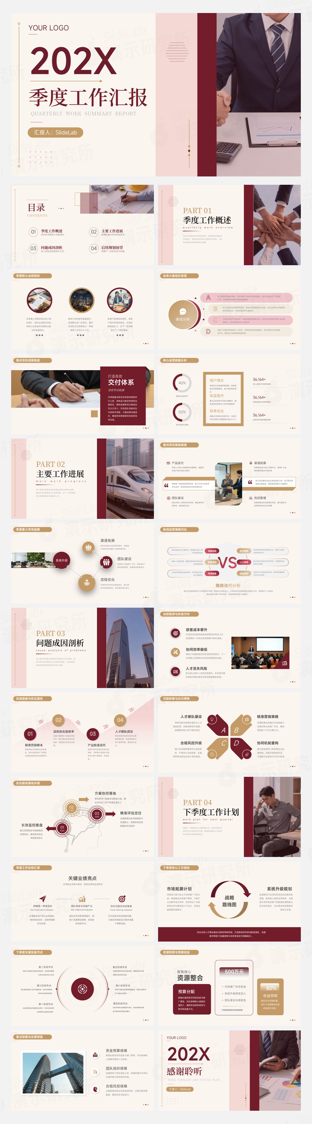 酒红商务简约风季度工作汇报总结PPT模板