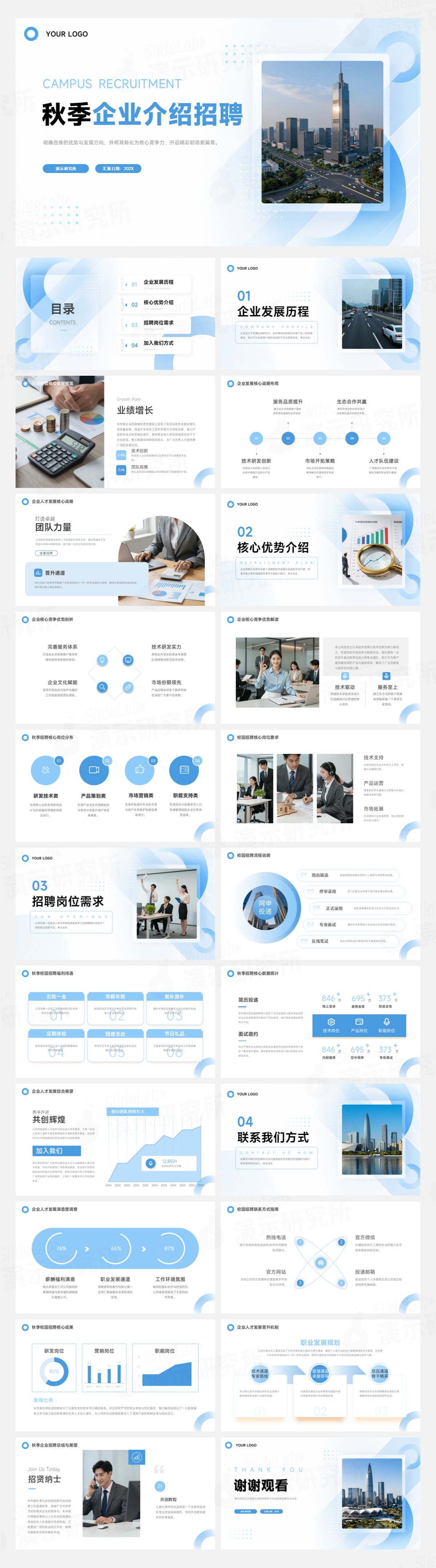 蓝色简约商务风企业招聘介绍PPT模板