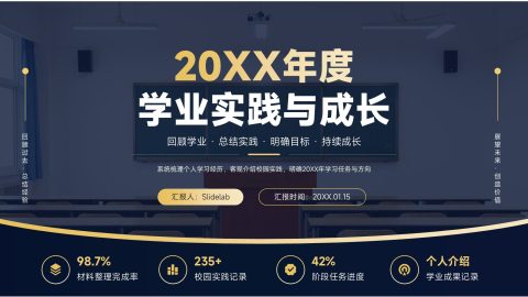 深蓝金色商务风学业实践成长汇报PPT模板