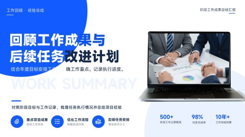 蓝白商务简约风工作成果总结规划汇报PPT模板